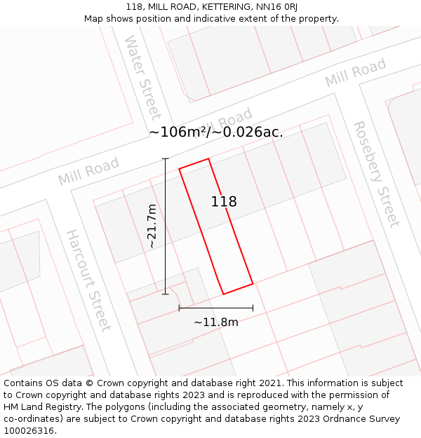 118, MILL ROAD, KETTERING, NN16 0RJ: Plot and title map
