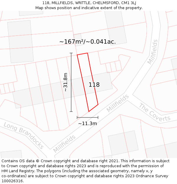 118, MILLFIELDS, WRITTLE, CHELMSFORD, CM1 3LJ: Plot and title map
