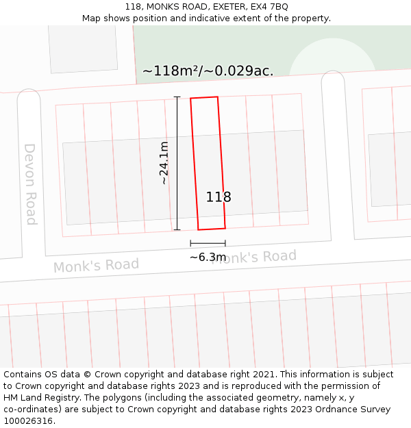 118, MONKS ROAD, EXETER, EX4 7BQ: Plot and title map