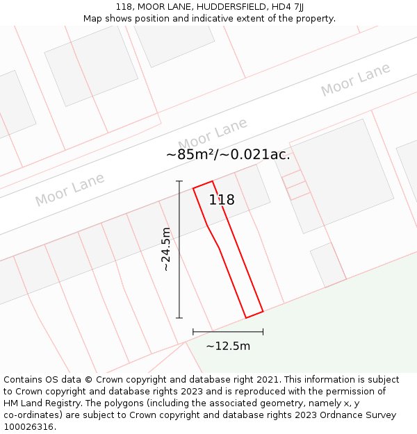 118, MOOR LANE, HUDDERSFIELD, HD4 7JJ: Plot and title map