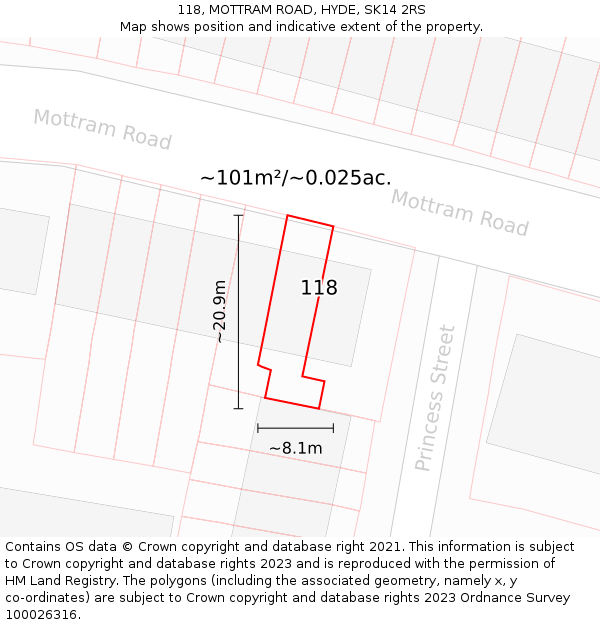 118, MOTTRAM ROAD, HYDE, SK14 2RS: Plot and title map