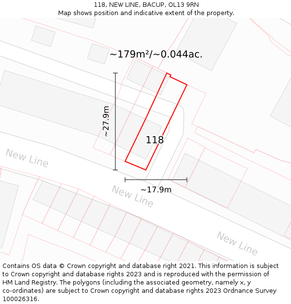 118, NEW LINE, BACUP, OL13 9RN: Plot and title map