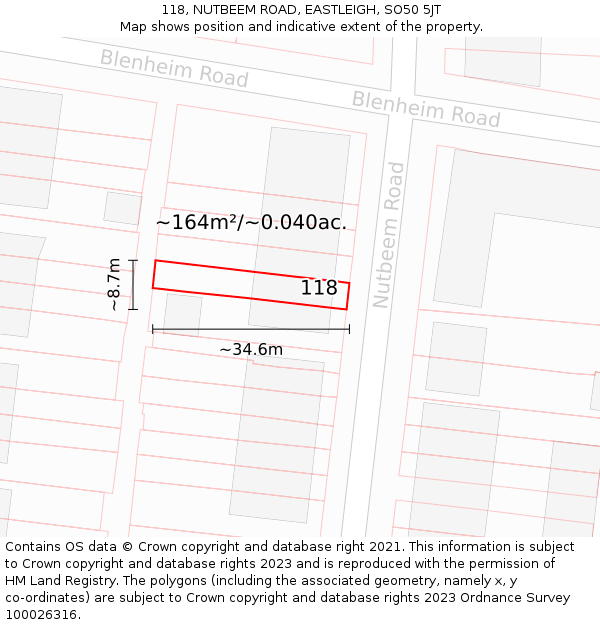 118, NUTBEEM ROAD, EASTLEIGH, SO50 5JT: Plot and title map