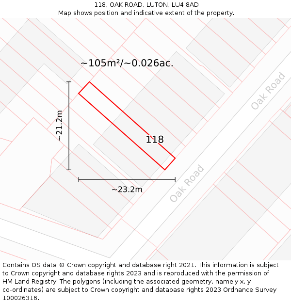 118, OAK ROAD, LUTON, LU4 8AD: Plot and title map