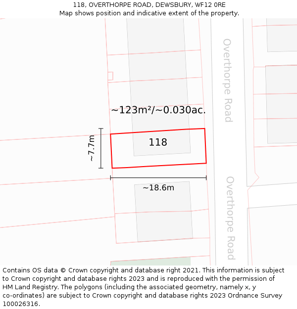 118, OVERTHORPE ROAD, DEWSBURY, WF12 0RE: Plot and title map