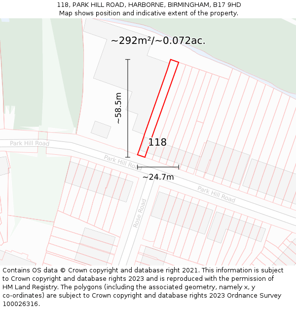 118, PARK HILL ROAD, HARBORNE, BIRMINGHAM, B17 9HD: Plot and title map