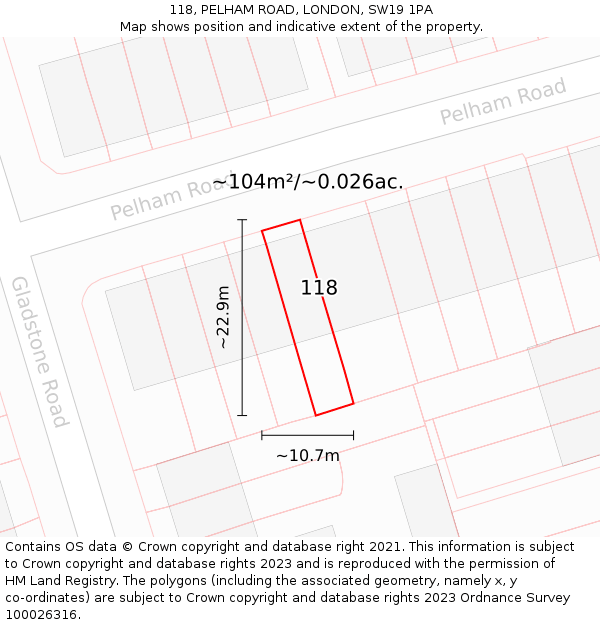 118, PELHAM ROAD, LONDON, SW19 1PA: Plot and title map