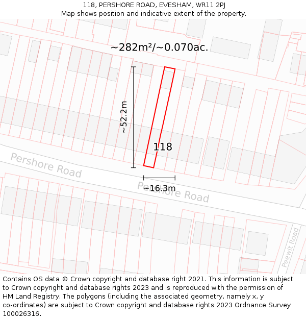 118, PERSHORE ROAD, EVESHAM, WR11 2PJ: Plot and title map