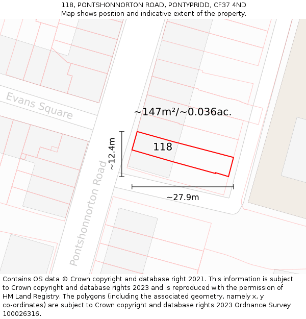 118, PONTSHONNORTON ROAD, PONTYPRIDD, CF37 4ND: Plot and title map