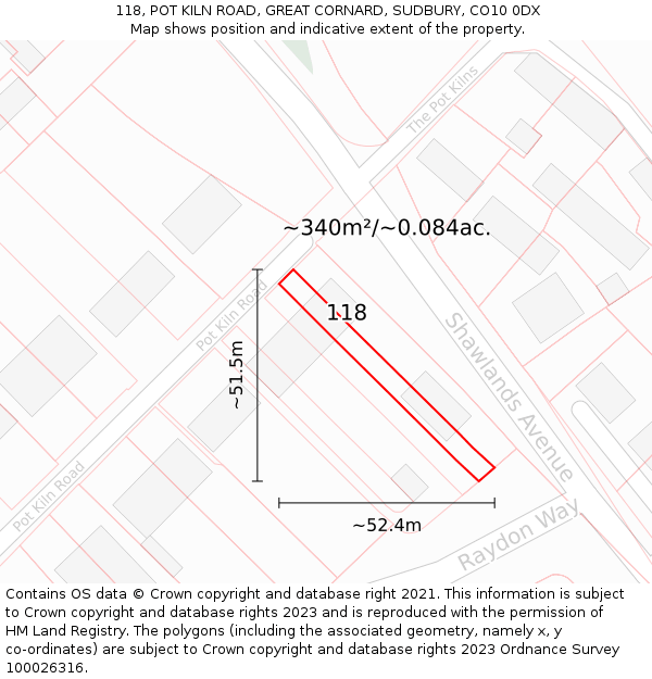 118, POT KILN ROAD, GREAT CORNARD, SUDBURY, CO10 0DX: Plot and title map