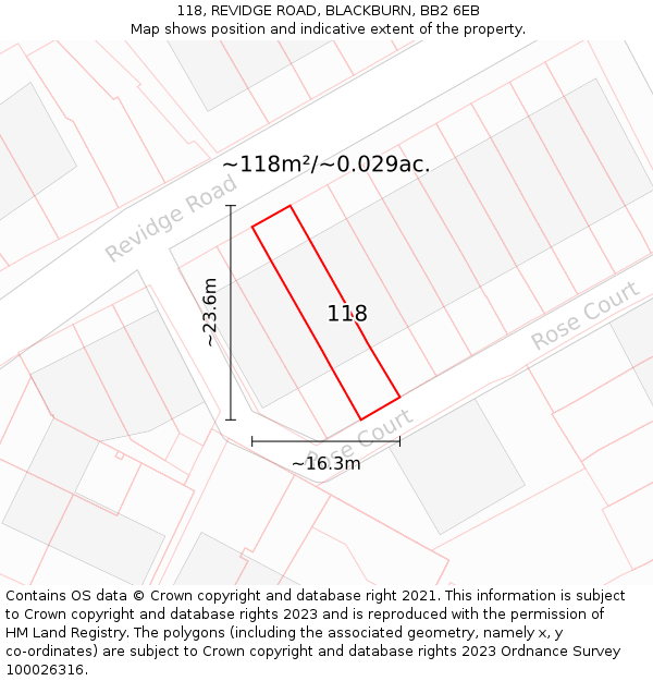 118, REVIDGE ROAD, BLACKBURN, BB2 6EB: Plot and title map