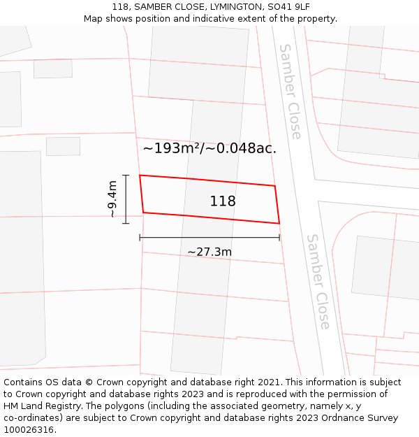 118, SAMBER CLOSE, LYMINGTON, SO41 9LF: Plot and title map