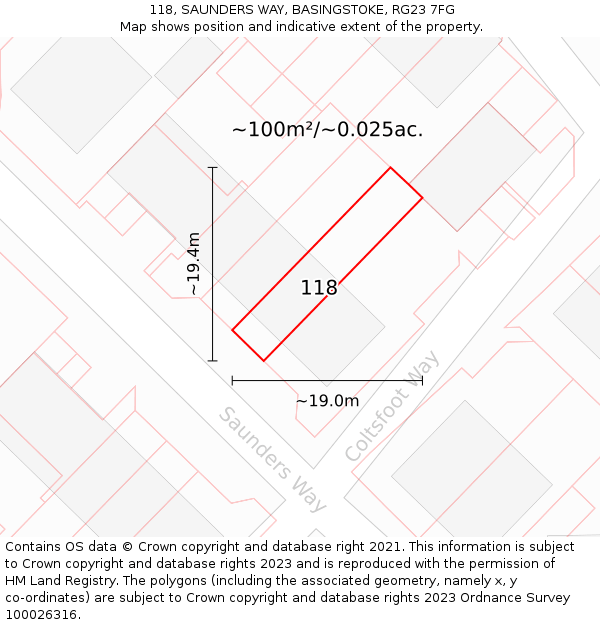 118, SAUNDERS WAY, BASINGSTOKE, RG23 7FG: Plot and title map