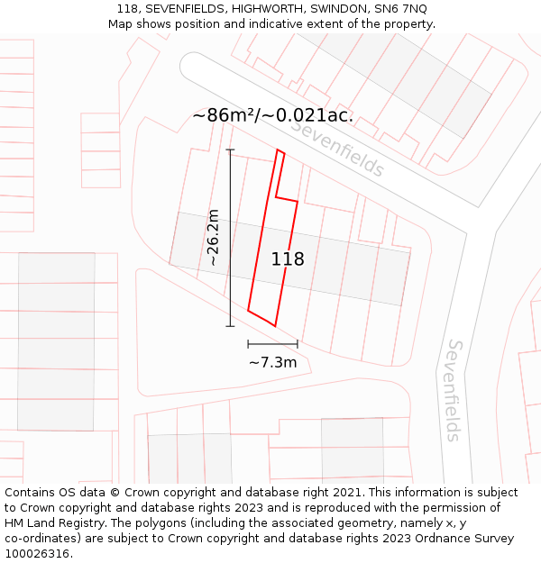 118, SEVENFIELDS, HIGHWORTH, SWINDON, SN6 7NQ: Plot and title map