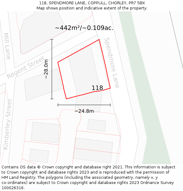 118, SPENDMORE LANE, COPPULL, CHORLEY, PR7 5BX: Plot and title map