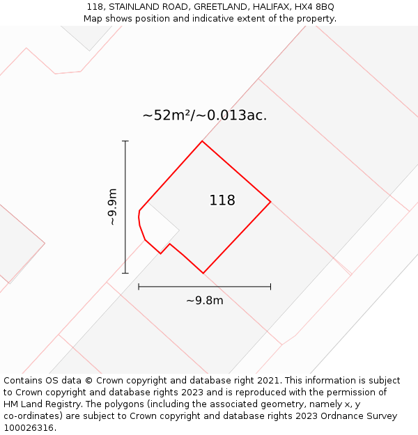 118, STAINLAND ROAD, GREETLAND, HALIFAX, HX4 8BQ: Plot and title map