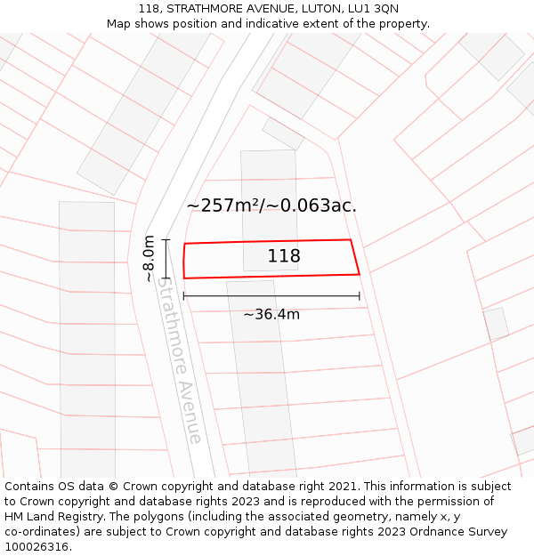 118, STRATHMORE AVENUE, LUTON, LU1 3QN: Plot and title map