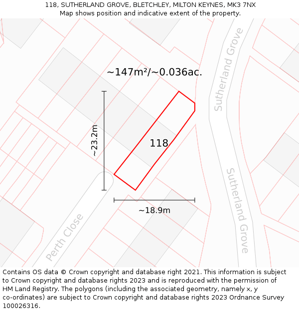 118, SUTHERLAND GROVE, BLETCHLEY, MILTON KEYNES, MK3 7NX: Plot and title map