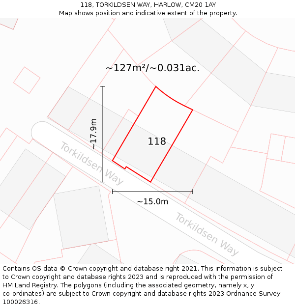 118, TORKILDSEN WAY, HARLOW, CM20 1AY: Plot and title map