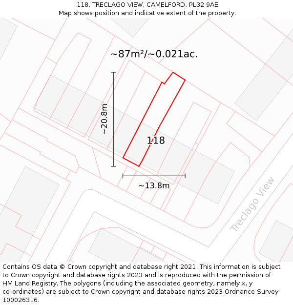 118, TRECLAGO VIEW, CAMELFORD, PL32 9AE: Plot and title map