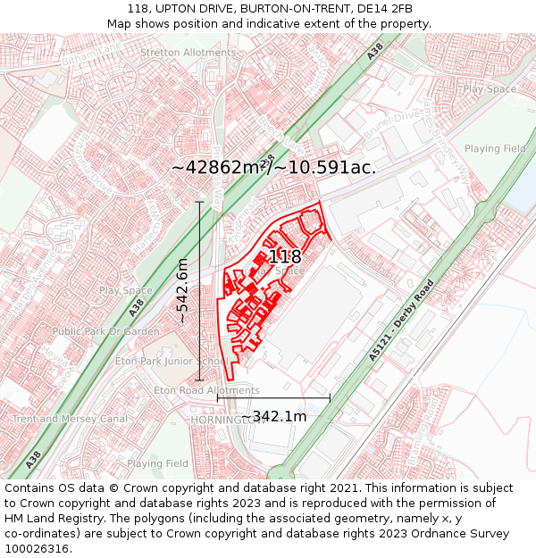 118, UPTON DRIVE, BURTON-ON-TRENT, DE14 2FB: Plot and title map