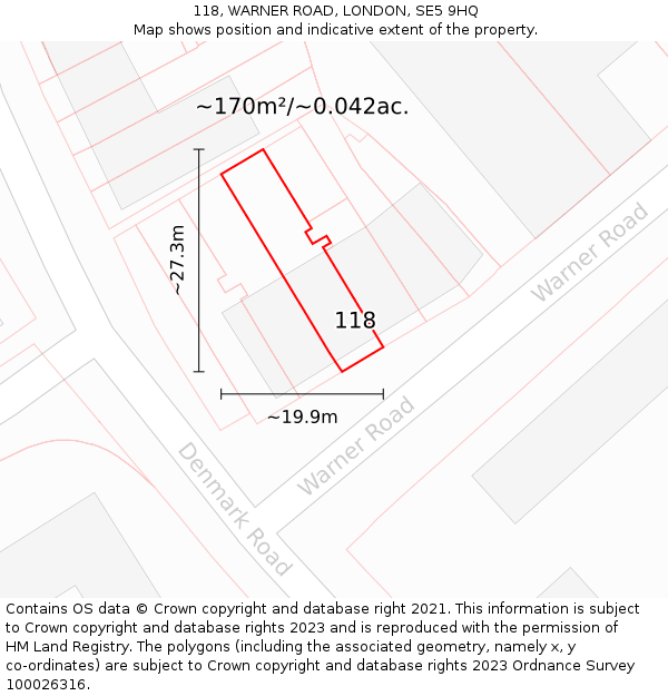 118, WARNER ROAD, LONDON, SE5 9HQ: Plot and title map