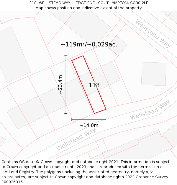 118, WELLSTEAD WAY, HEDGE END, SOUTHAMPTON, SO30 2LE: Plot and title map