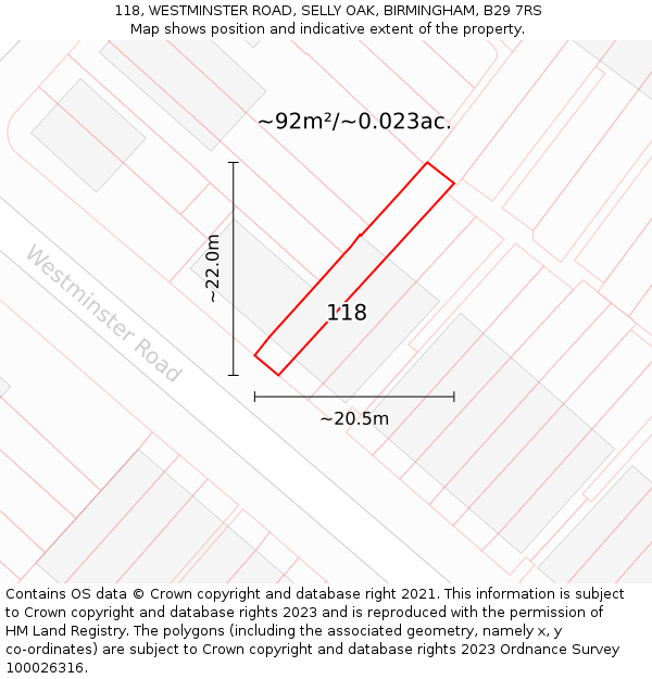 118, WESTMINSTER ROAD, SELLY OAK, BIRMINGHAM, B29 7RS: Plot and title map