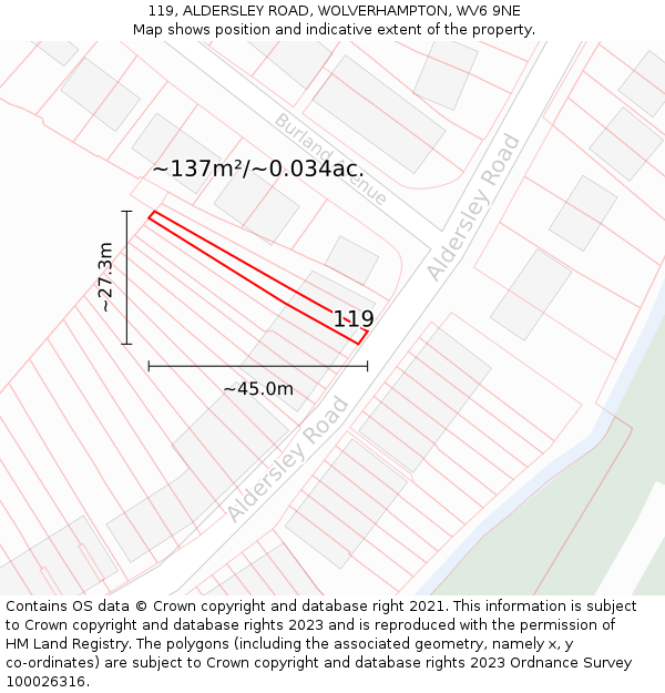 119, ALDERSLEY ROAD, WOLVERHAMPTON, WV6 9NE: Plot and title map