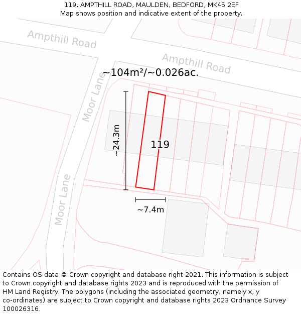 119, AMPTHILL ROAD, MAULDEN, BEDFORD, MK45 2EF: Plot and title map