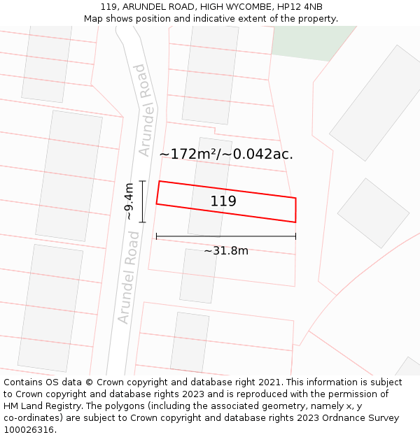 119, ARUNDEL ROAD, HIGH WYCOMBE, HP12 4NB: Plot and title map