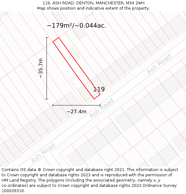 119, ASH ROAD, DENTON, MANCHESTER, M34 2WH: Plot and title map
