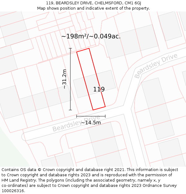 119, BEARDSLEY DRIVE, CHELMSFORD, CM1 6GJ: Plot and title map