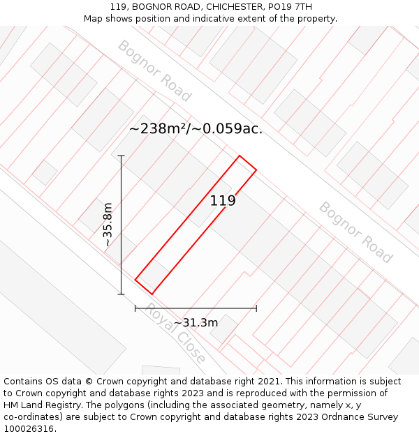 119, BOGNOR ROAD, CHICHESTER, PO19 7TH: Plot and title map