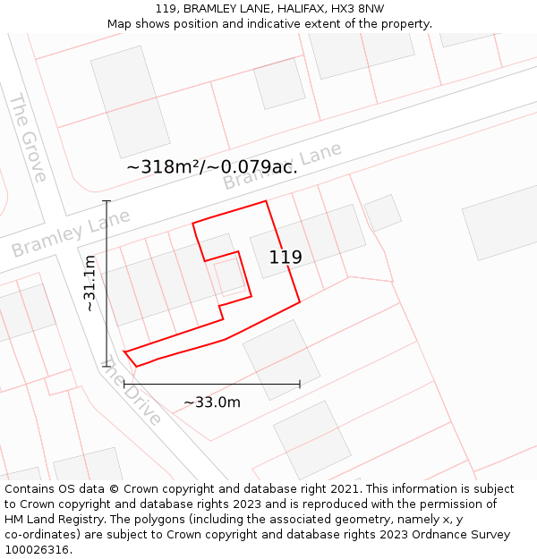 119, BRAMLEY LANE, HALIFAX, HX3 8NW: Plot and title map
