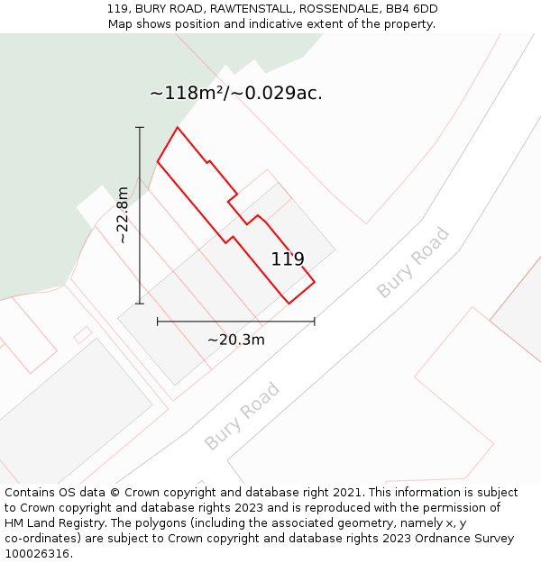 119, BURY ROAD, RAWTENSTALL, ROSSENDALE, BB4 6DD: Plot and title map