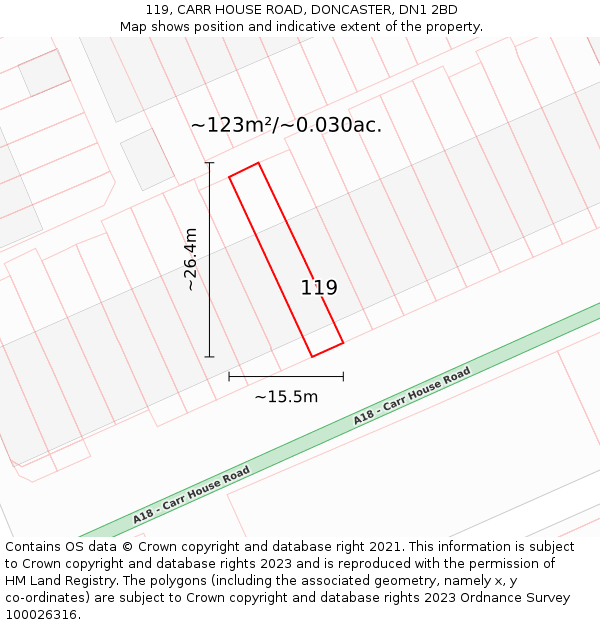 119, CARR HOUSE ROAD, DONCASTER, DN1 2BD: Plot and title map
