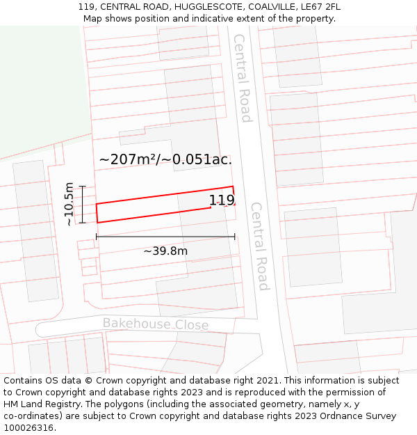 119, CENTRAL ROAD, HUGGLESCOTE, COALVILLE, LE67 2FL: Plot and title map