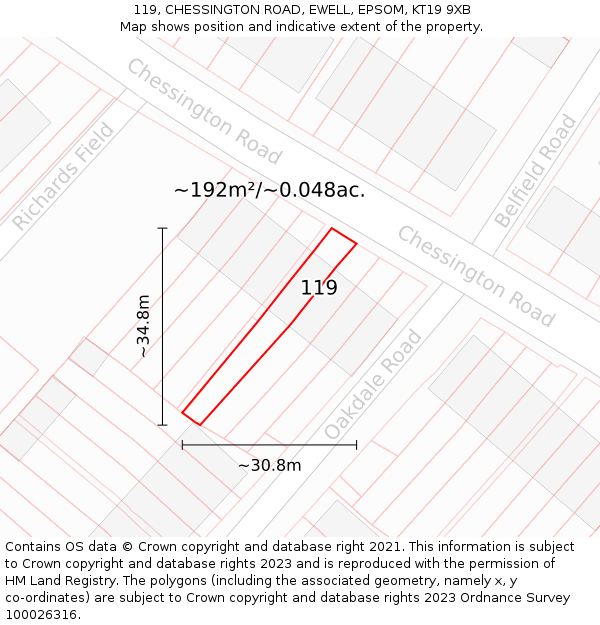 119, CHESSINGTON ROAD, EWELL, EPSOM, KT19 9XB: Plot and title map
