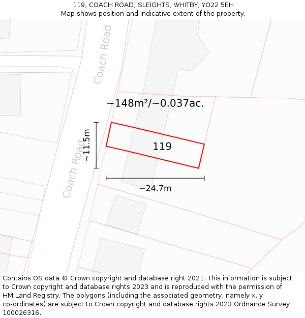 119, COACH ROAD, SLEIGHTS, WHITBY, YO22 5EH: Plot and title map