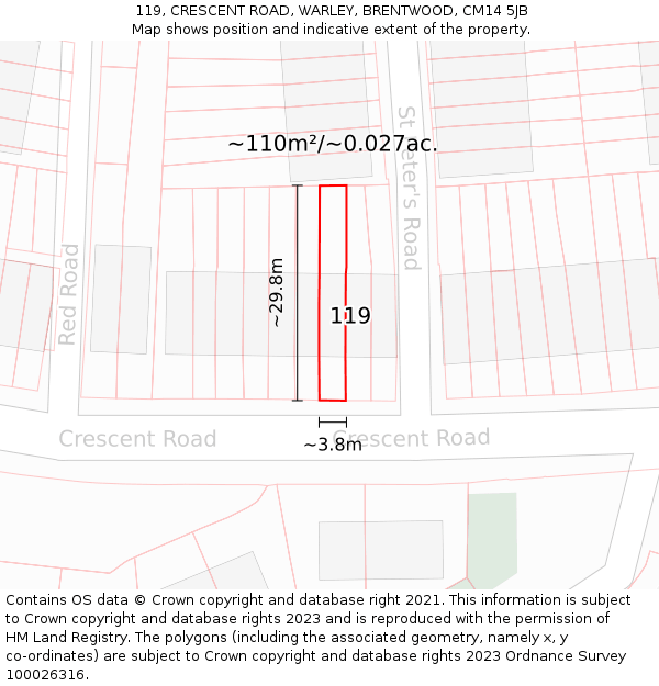 119, CRESCENT ROAD, WARLEY, BRENTWOOD, CM14 5JB: Plot and title map