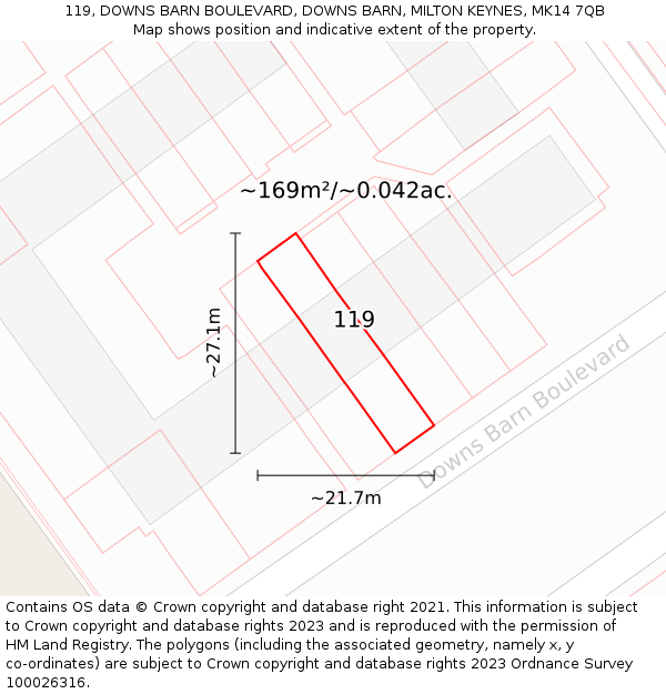 119, DOWNS BARN BOULEVARD, DOWNS BARN, MILTON KEYNES, MK14 7QB: Plot and title map