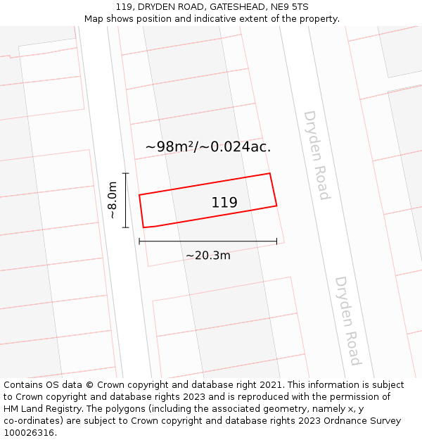 119, DRYDEN ROAD, GATESHEAD, NE9 5TS: Plot and title map