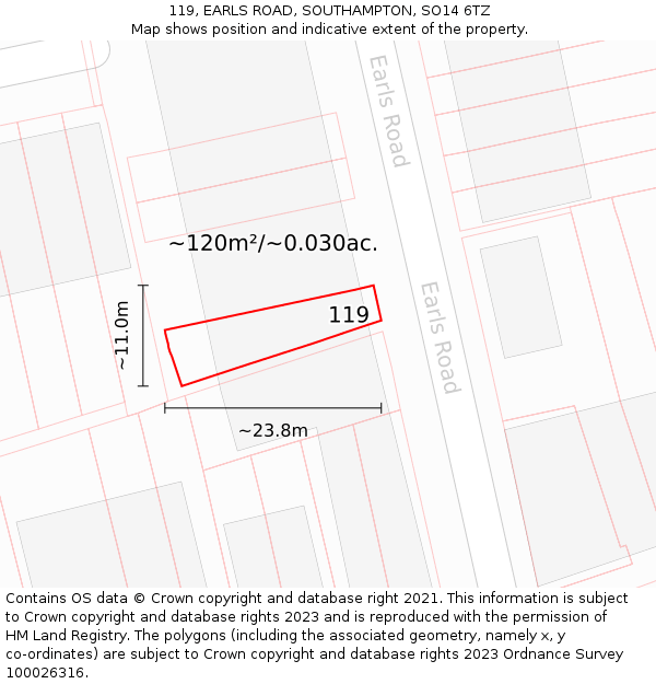 119, EARLS ROAD, SOUTHAMPTON, SO14 6TZ: Plot and title map