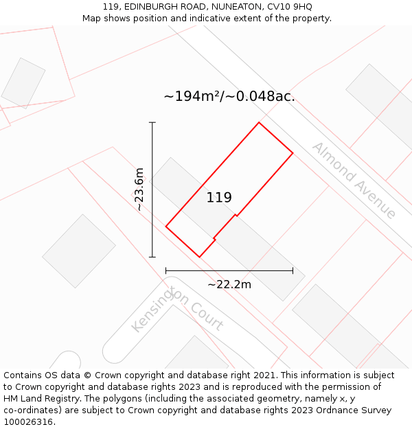 119, EDINBURGH ROAD, NUNEATON, CV10 9HQ: Plot and title map