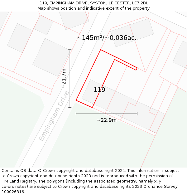 119, EMPINGHAM DRIVE, SYSTON, LEICESTER, LE7 2DL: Plot and title map