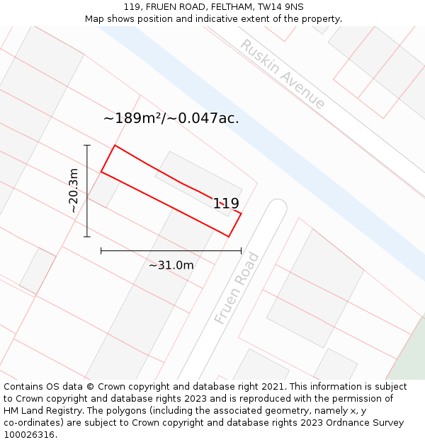 119, FRUEN ROAD, FELTHAM, TW14 9NS: Plot and title map