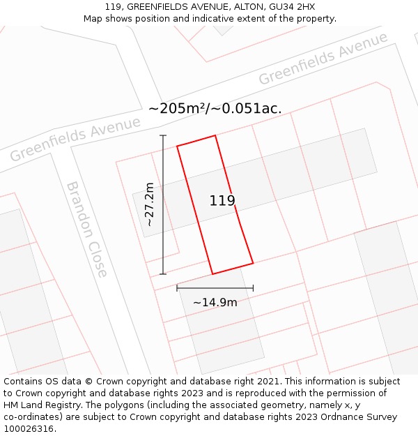 119, GREENFIELDS AVENUE, ALTON, GU34 2HX: Plot and title map