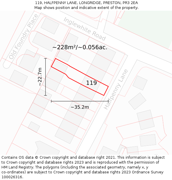 119, HALFPENNY LANE, LONGRIDGE, PRESTON, PR3 2EA: Plot and title map