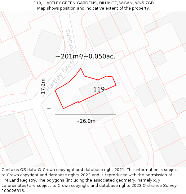 119, HARTLEY GREEN GARDENS, BILLINGE, WIGAN, WN5 7GB: Plot and title map